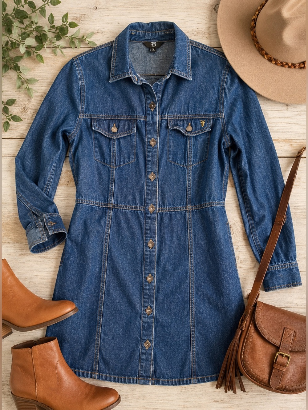 Frye Women’s Denim Button Front Shirt Dress Medium 100% Cotton Western Utility